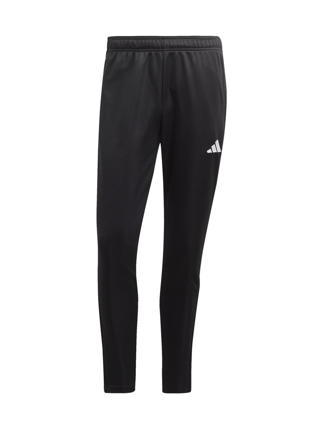 Pantalones deportivos Adidas negros con tres franjas blancas laterales y logotipo blanco.
