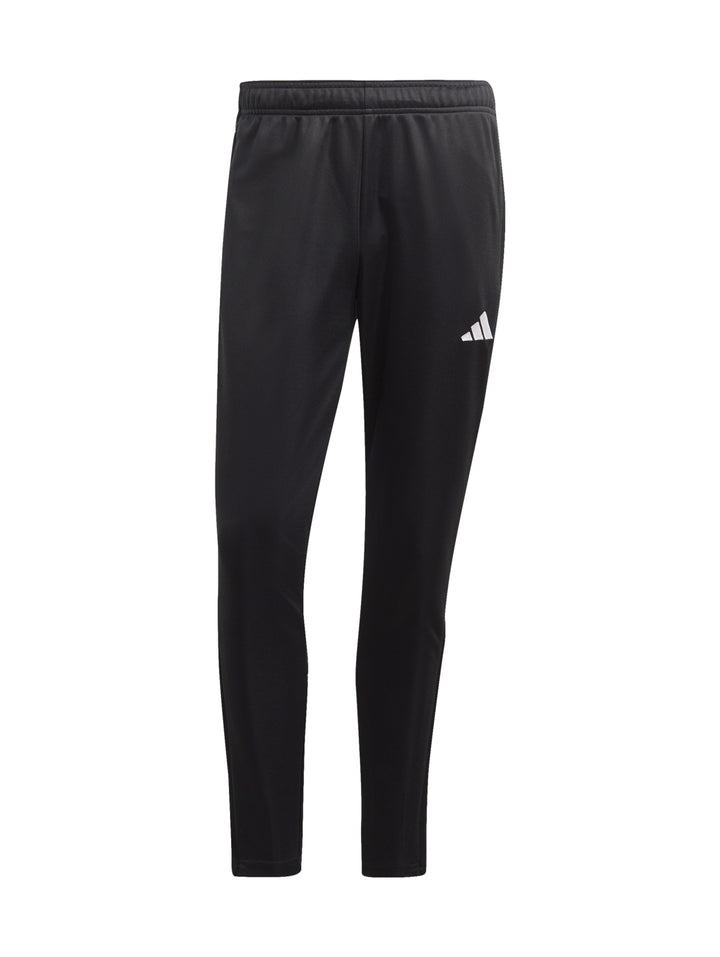 Pantalones deportivos Adidas negros con tres franjas blancas laterales y logotipo blanco.