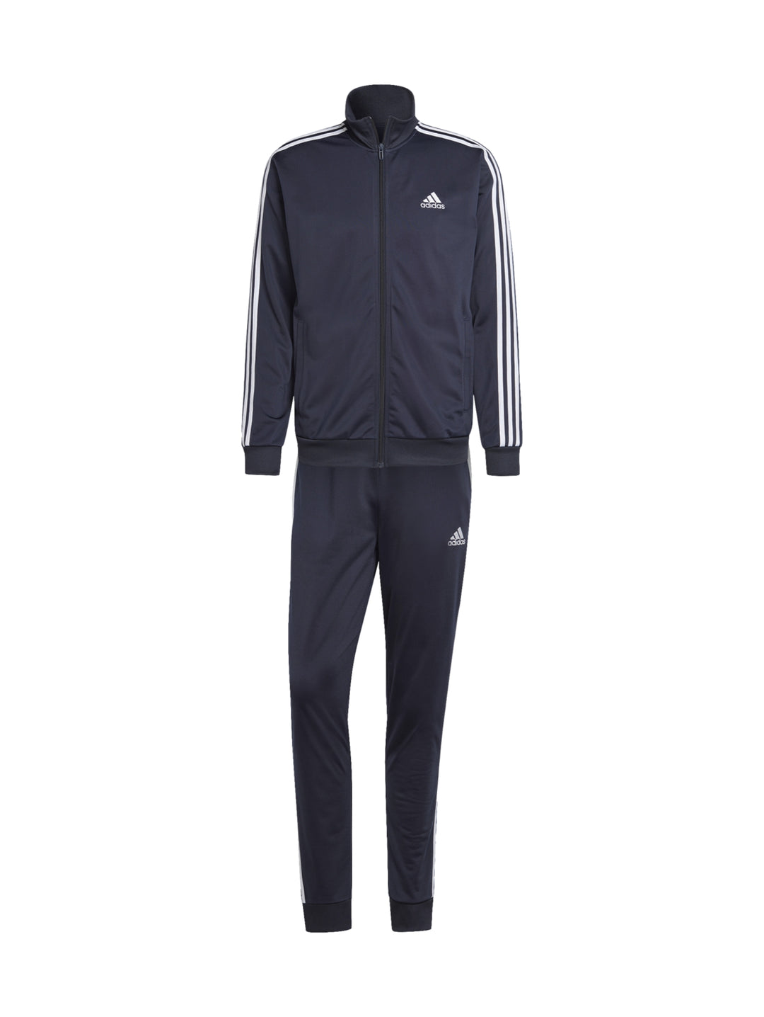 Conjunto deportivo Adidas azul marino con rayas blancas laterales en chaqueta y pantalón.
