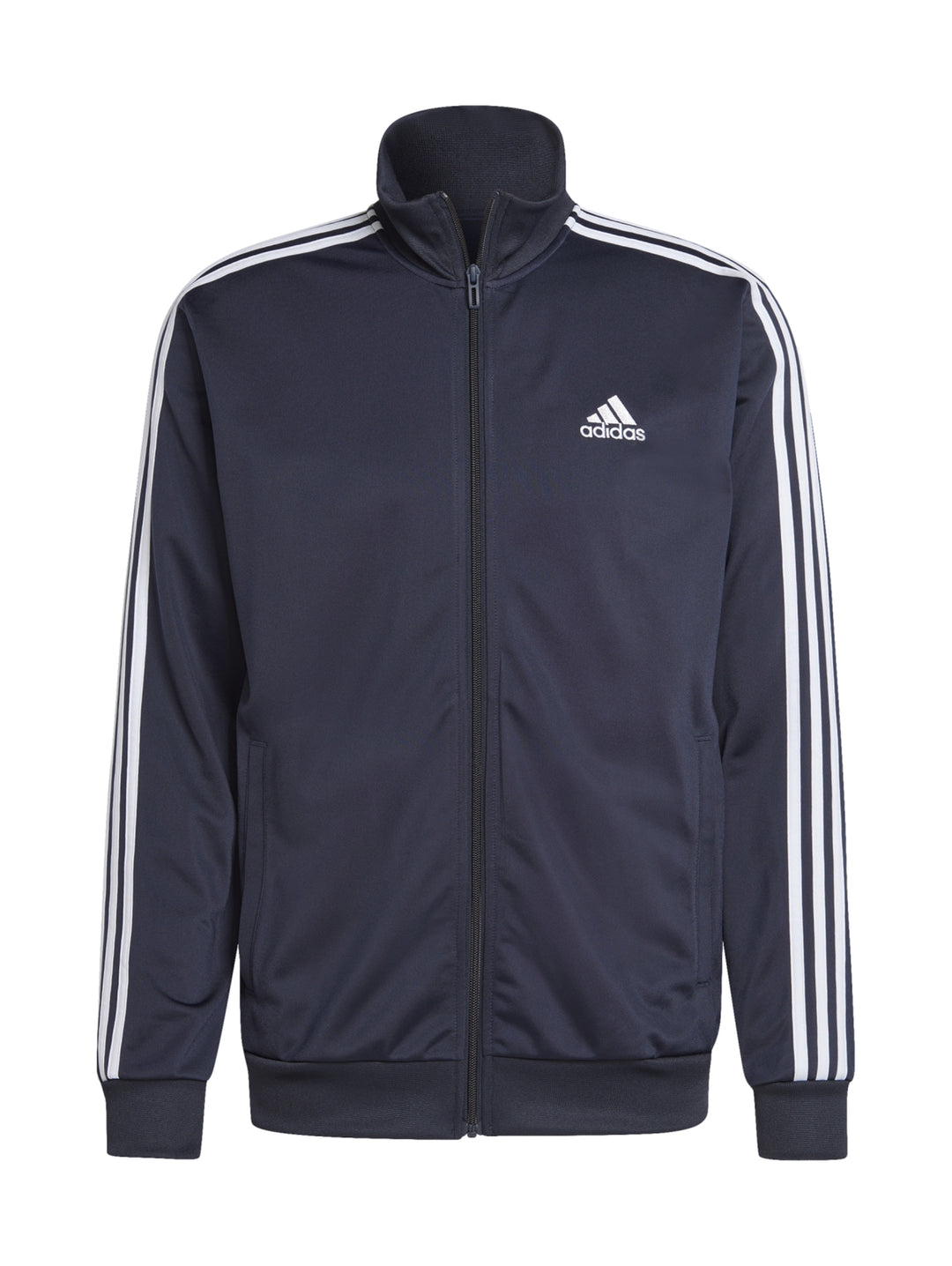 Conjunto deportivo Adidas azul marino con rayas blancas laterales en chaqueta y pantalón.