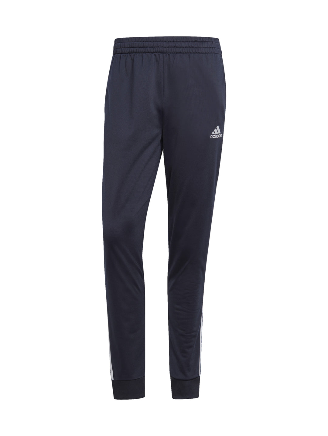 Conjunto deportivo Adidas azul marino con rayas blancas laterales en chaqueta y pantalón.