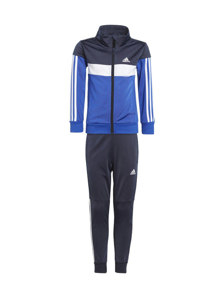 Conjunto deportivo Adidas para niño en colores azul marino y azul brillante con franjas blancas laterales.