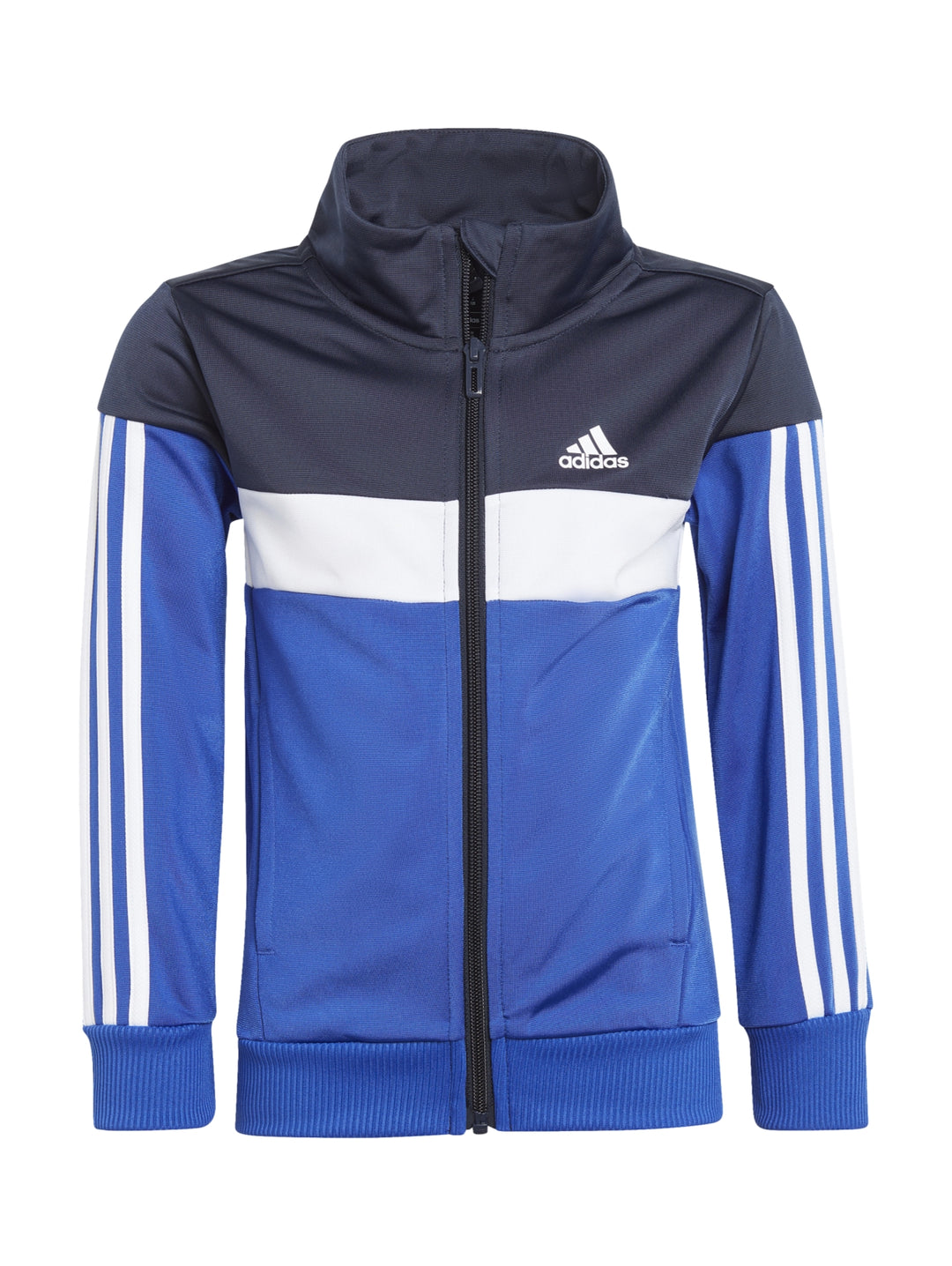 Conjunto deportivo Adidas para niño en colores azul marino y azul brillante con franjas blancas laterales.