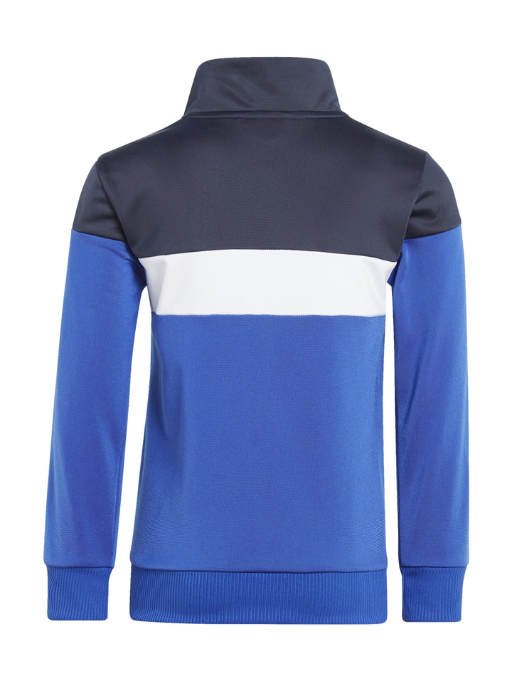 Conjunto deportivo Adidas para niño en colores azul marino y azul brillante con franjas blancas laterales.