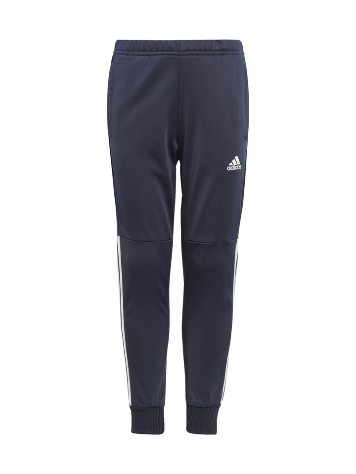 Conjunto deportivo Adidas para niño en colores azul marino y azul brillante con franjas blancas laterales.