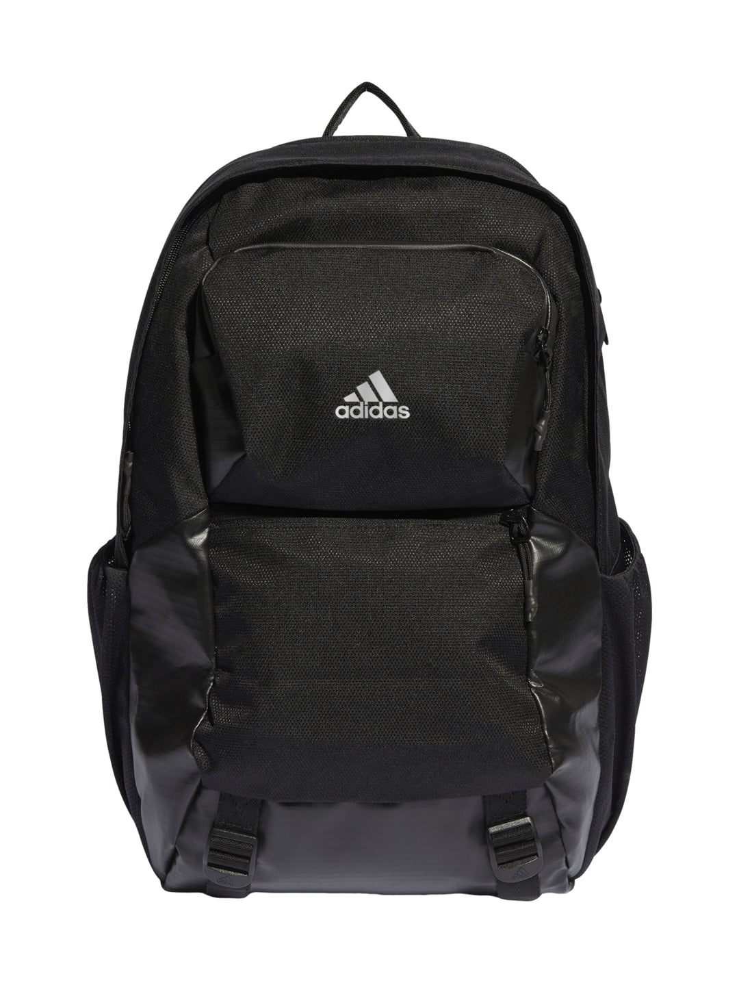 Mochila escolar Adidas de color negro con logotipo blanco frontal y múltiples compartimentos.