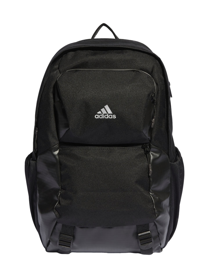 Mochila escolar Adidas de color negro con logotipo blanco frontal y múltiples compartimentos.