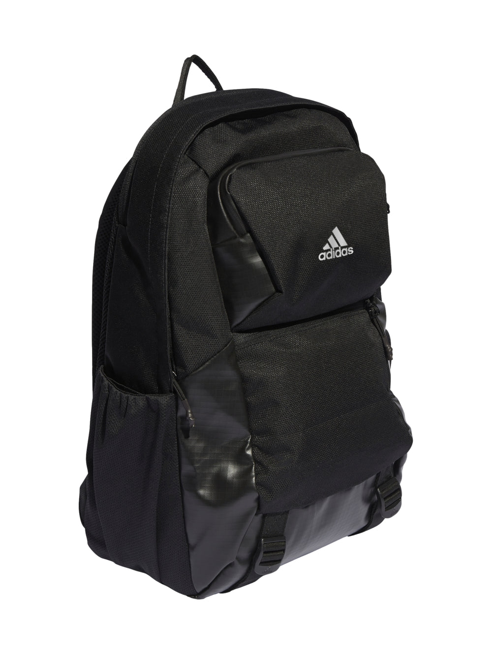 Mochila escolar Adidas de color negro con logotipo blanco frontal y múltiples compartimentos.