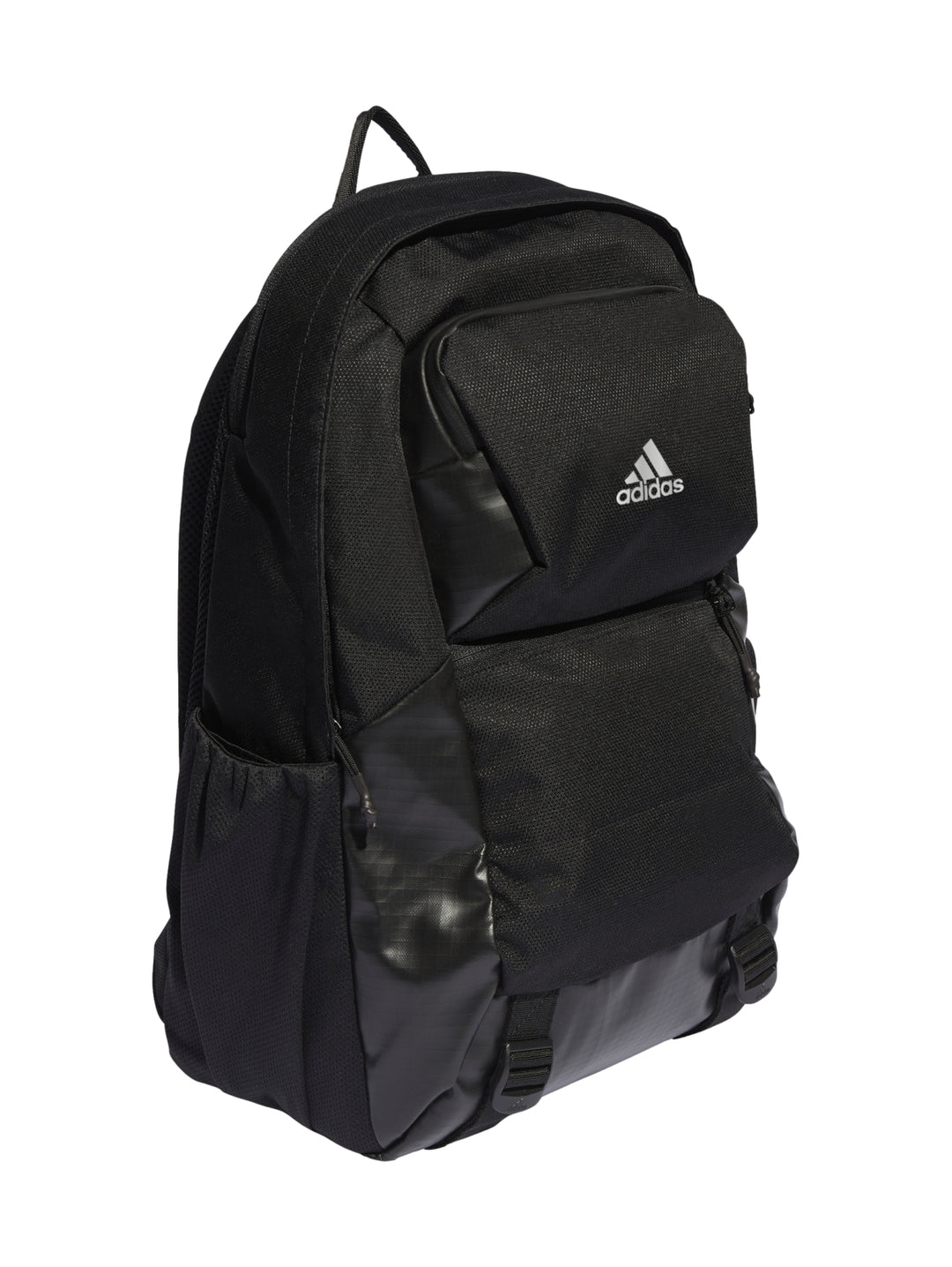 Mochila escolar Adidas de color negro con logotipo blanco frontal y múltiples compartimentos.