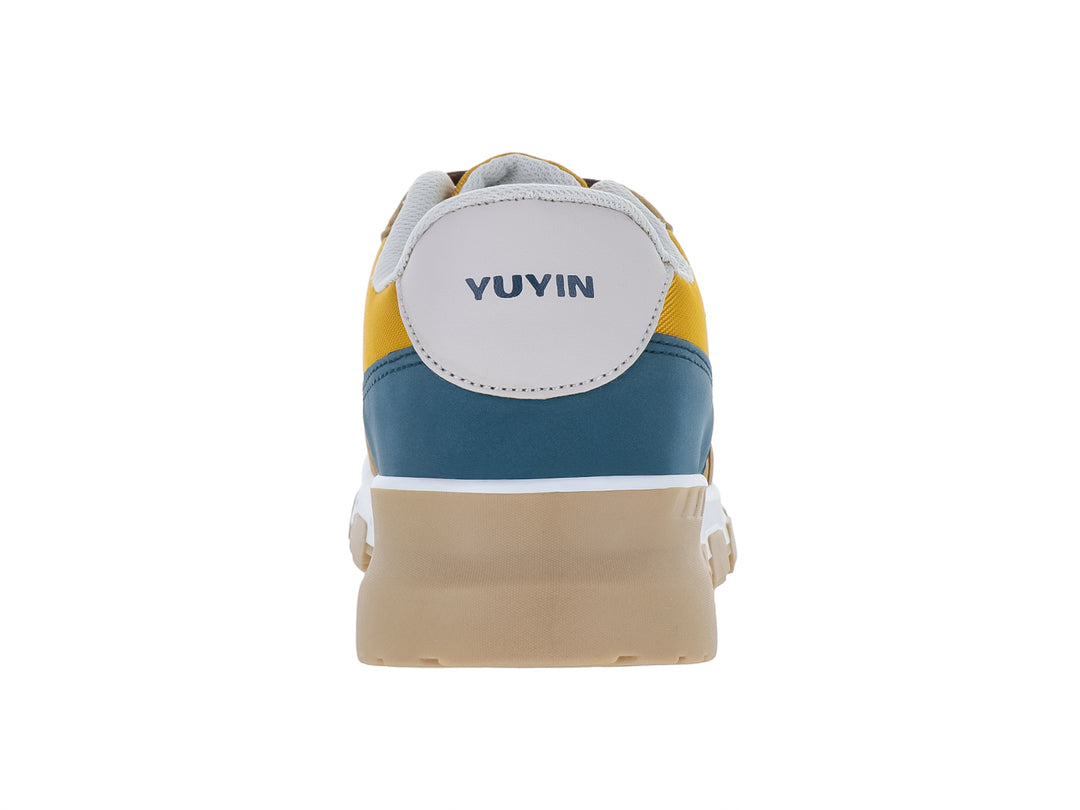 Tenis infantiles YUYIN en colores mostaza, café y azul con suela blanca y beige.