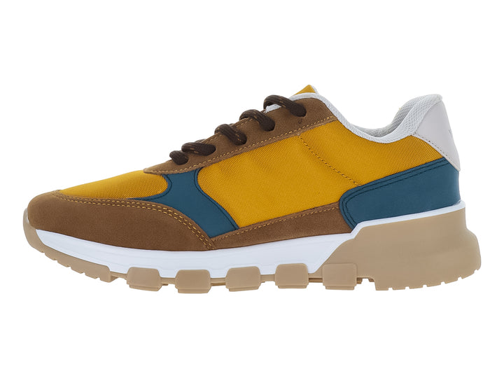 Tenis infantiles YUYIN en colores mostaza, café y azul con suela blanca y beige.