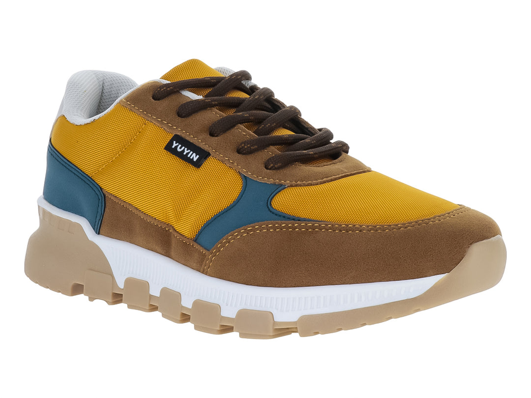 Tenis infantiles YUYIN en colores amarillo, café y azul con suela gruesa beige.