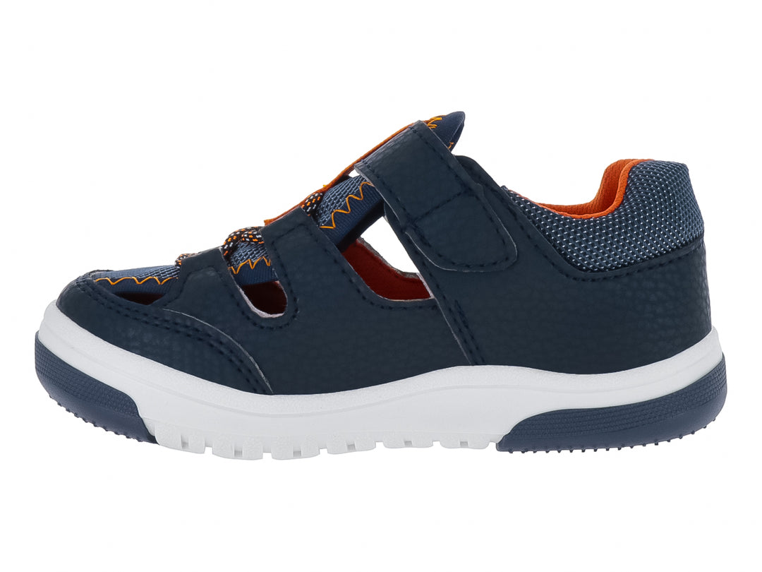 Sandalia infantil YUYIN color azul marino con suela blanca y detalles en naranja.