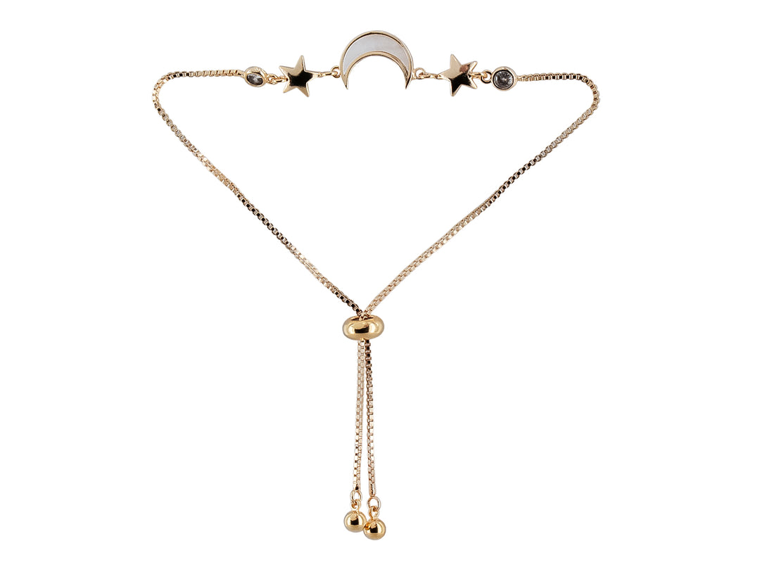 Pulsera dorada ajustable con dijes de luna blanca y estrellas laterales.