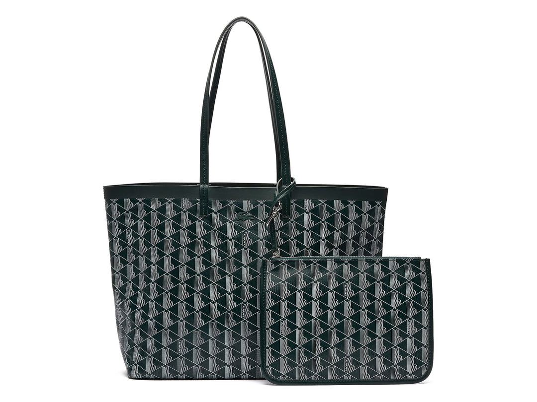 Set de bolso de hombro y cartera Lacoste con estampado geométrico en colores farine y sinople con detalles negros.