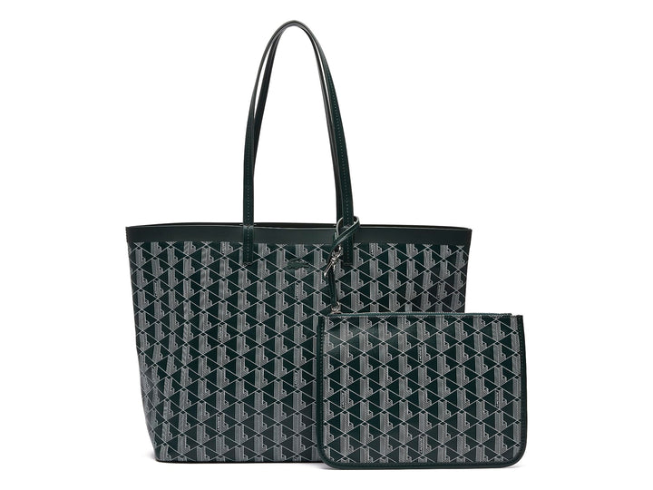 Set de bolso de hombro y cartera Lacoste con estampado geométrico en colores farine y sinople con detalles negros.