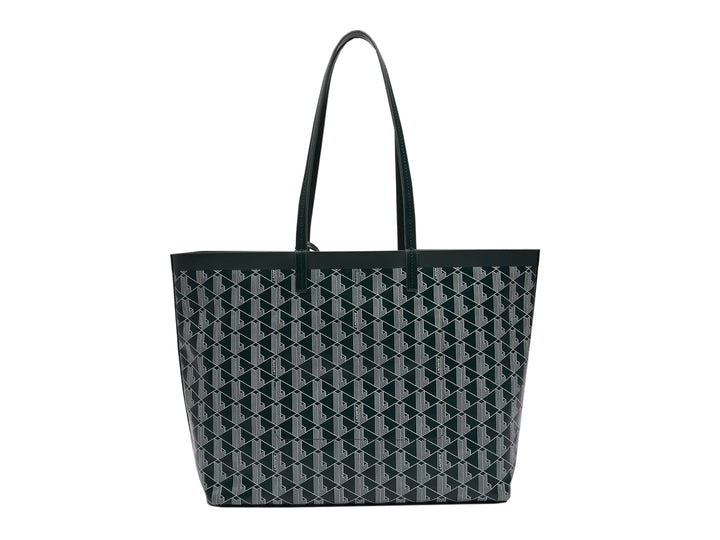 Set de bolso de hombro y cartera Lacoste con estampado geométrico en colores farine y sinople con detalles negros.