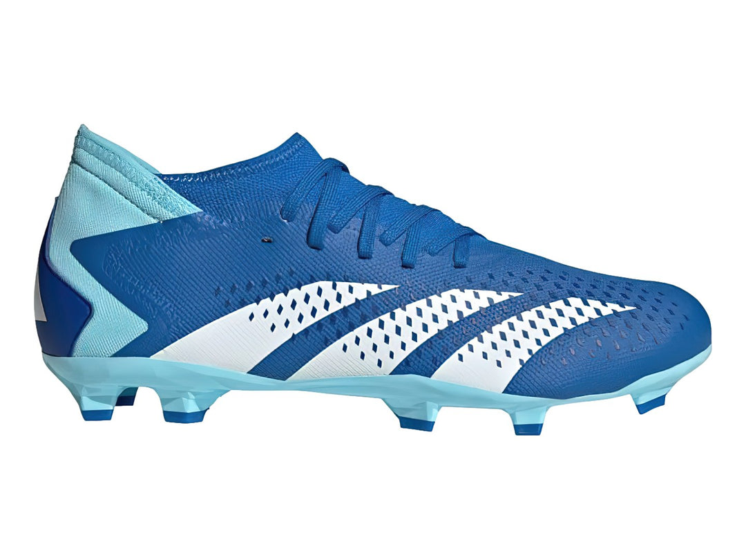 Zapato de fútbol Adidas Predator Accuracy 3 en color azul con detalles blancos y celeste, vista lateral.