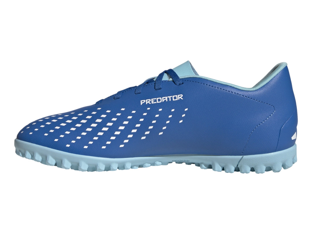 Tenis de fútbol Adidas Predator Accuracy .4 TF color azul con franjas blancas y suela celeste.