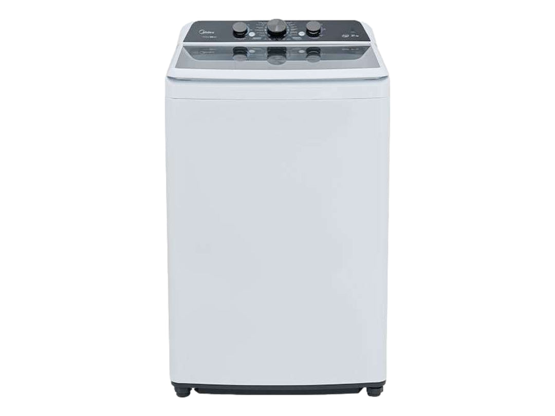 Lavadora Midea de carga superior en color blanco con panel de control gris y perillas frontales.