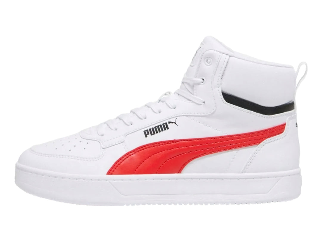 Tenis PUMA Caven 2.0 Mid en color blanco con detalles laterales en rojo y negro.