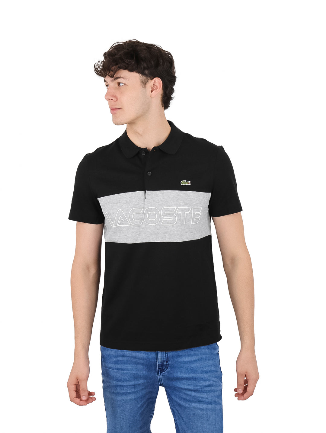 Playera Polo Lacoste Color Block Negro y Gris para Hombre