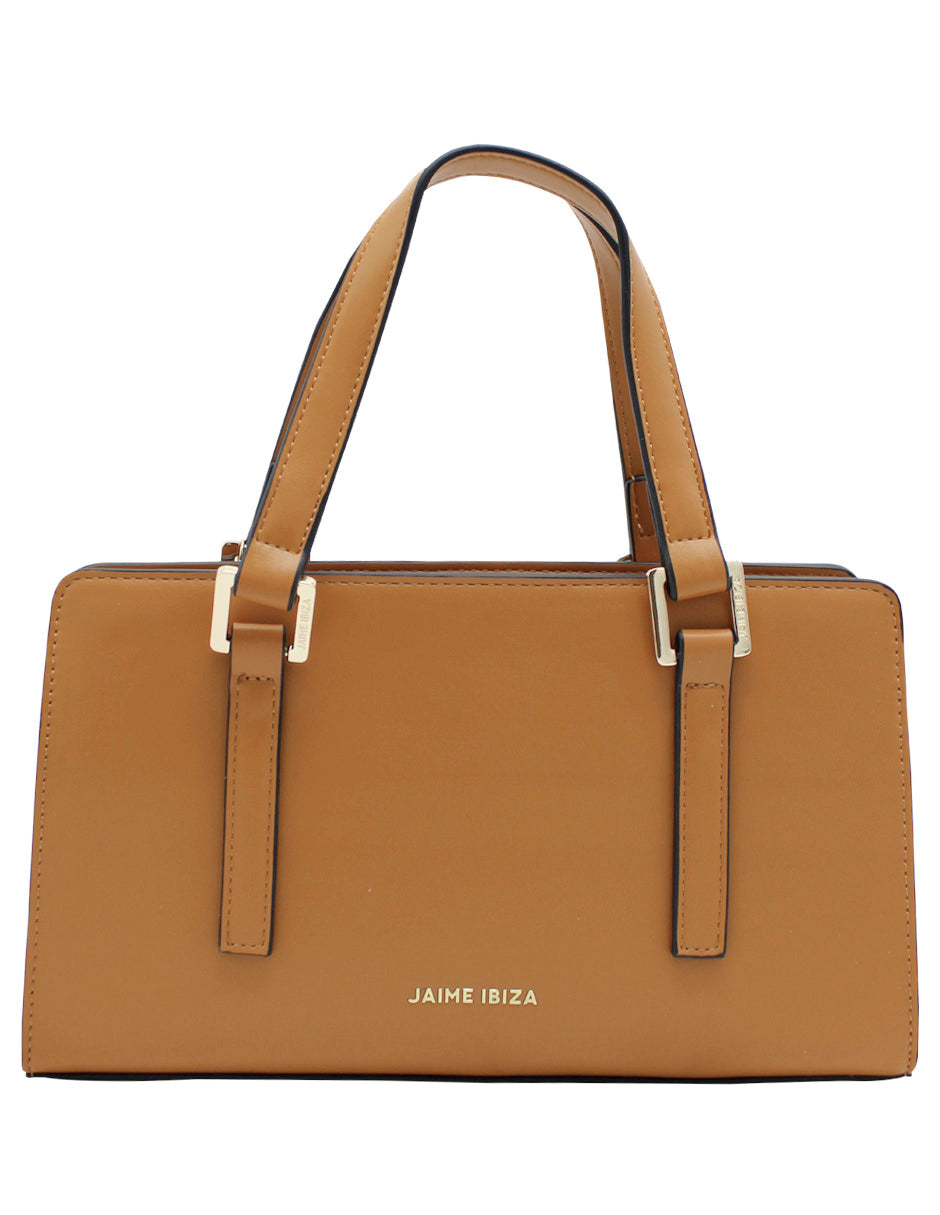 Bolso de mano color caramelo de la marca Jaime Ibiza con asas y detalles metálicos dorados.