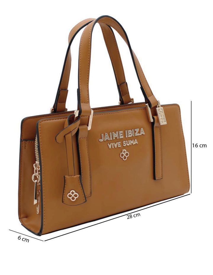 Bolso de mano color caramelo de la marca Jaime Ibiza con asas y detalles metálicos dorados.