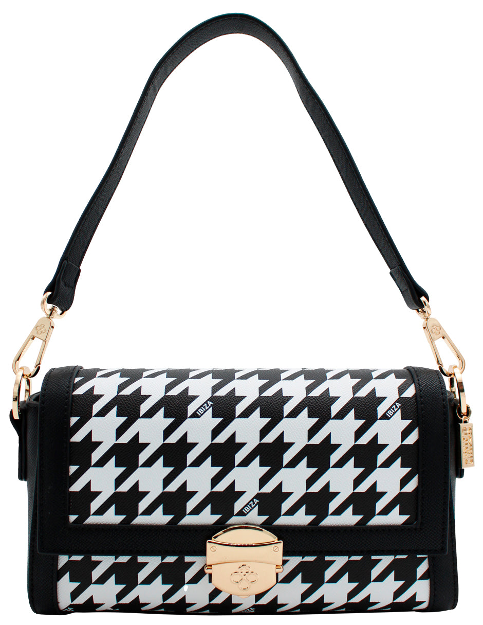 Bolso Jaime Ibiza con estampado de pata de gallo en blanco y negro, asa negra y herrajes dorados.