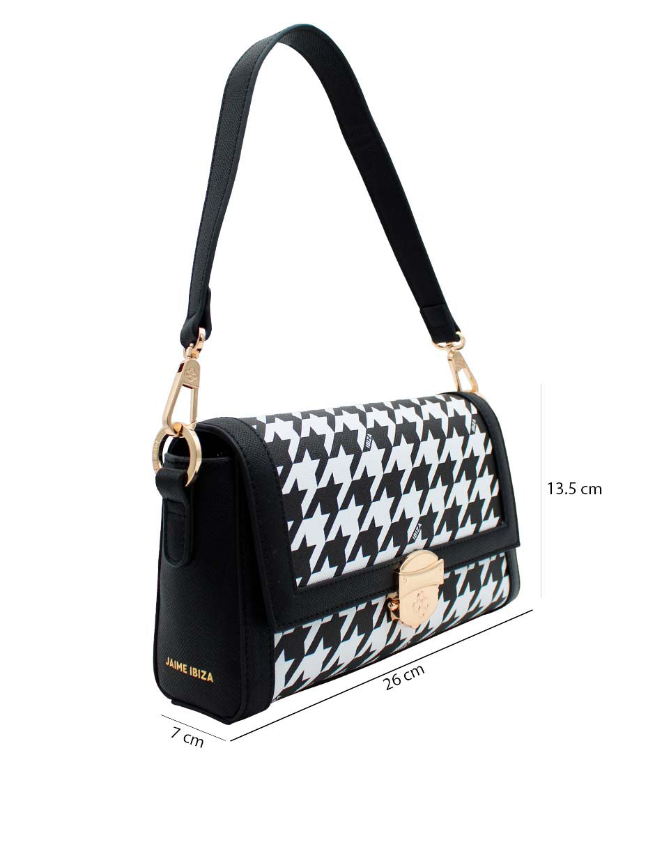 Bolso Jaime Ibiza con estampado de pata de gallo en blanco y negro, asa negra y herrajes dorados.