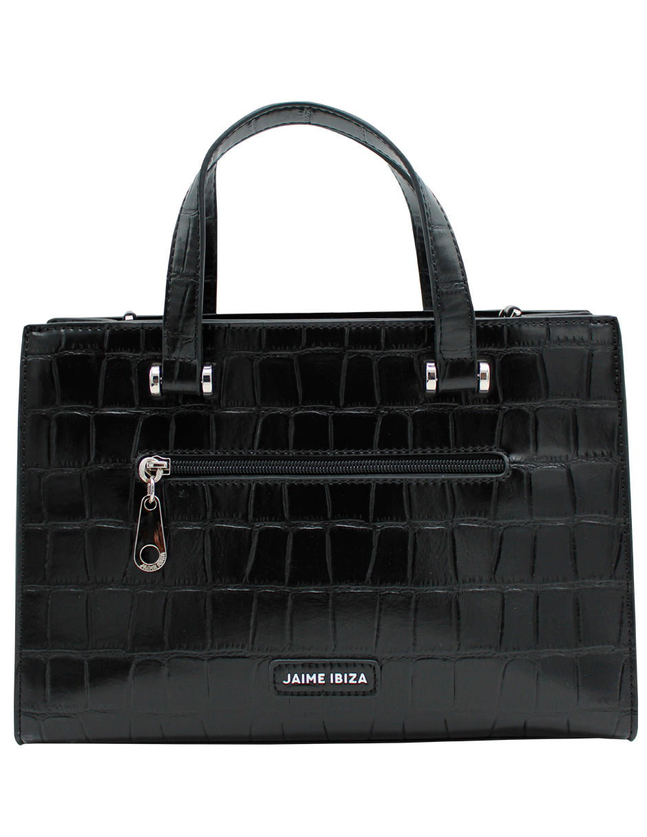 Bolso negro de Jaime Ibiza con textura de piel de cocodrilo, asas superiores y detalles en metal plateado.