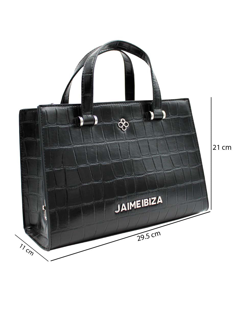 Bolso negro de Jaime Ibiza con textura de piel de cocodrilo, asas superiores y detalles en metal plateado.