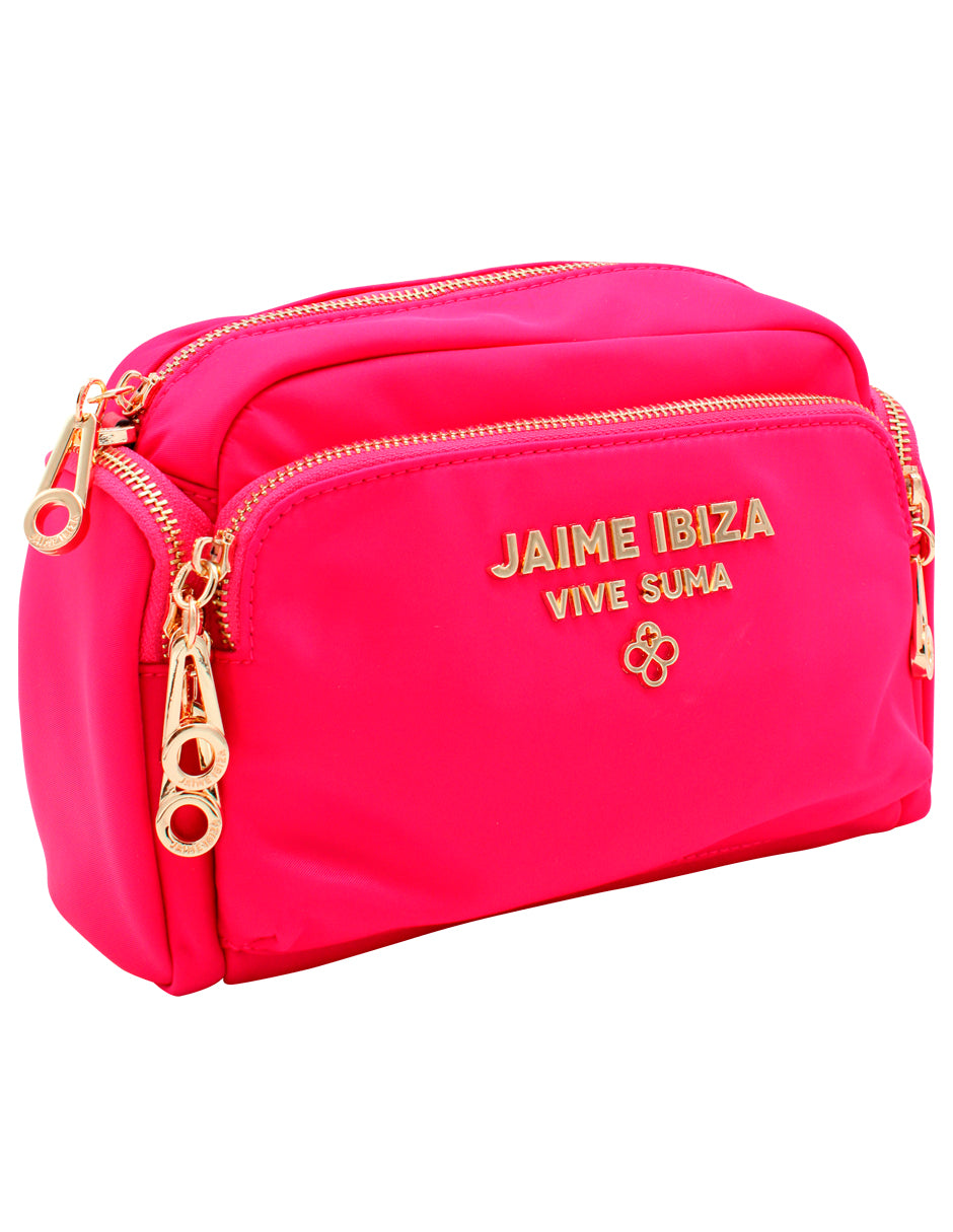 Neceser rosa de la marca Jaime Ibiza con cierres dorados y logotipo frontal.