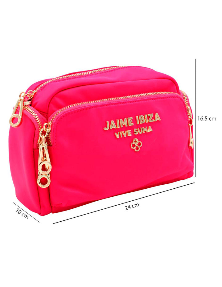 Neceser rosa de la marca Jaime Ibiza con cierres dorados y logotipo frontal.
