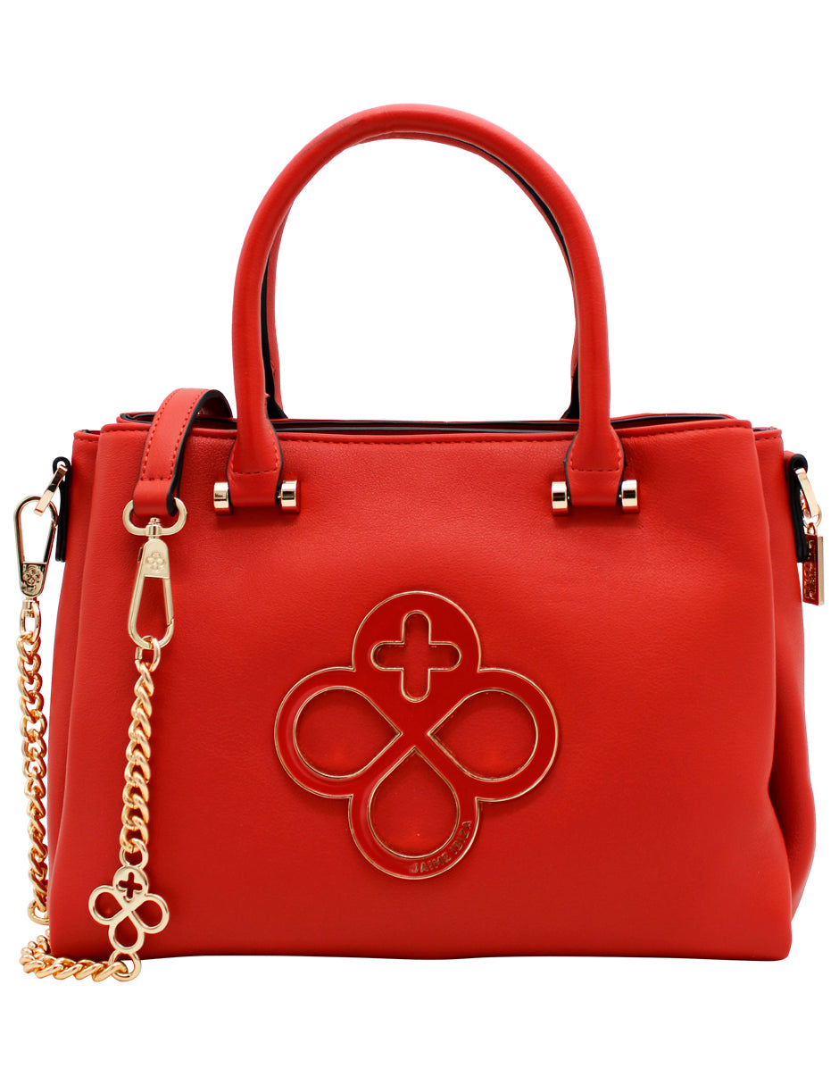 Bolso de mano color terracota con asa superior, cadena dorada y logotipo decorativo en el frente.
