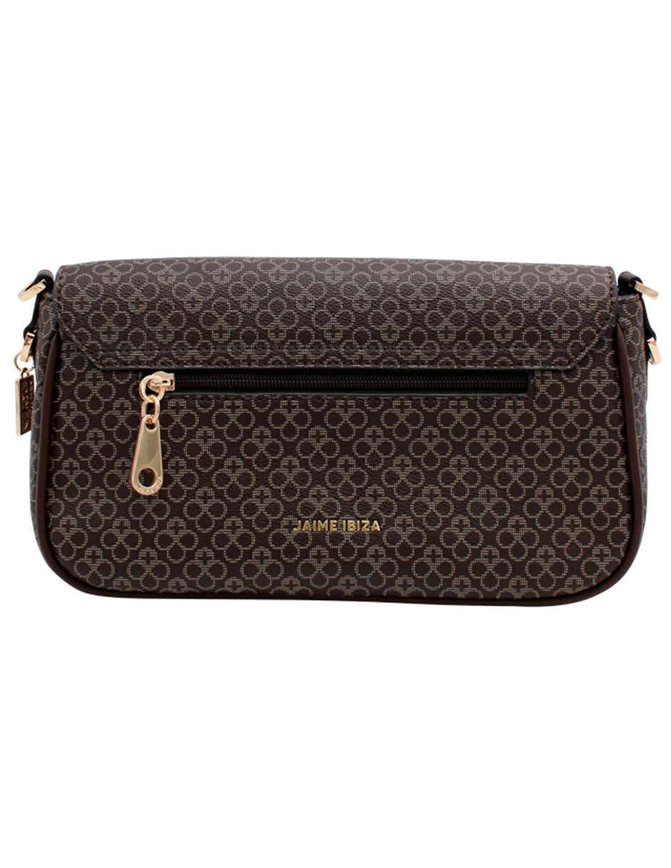 Bolso color chocolate con estampado, herrajes dorados y correa ajustable de la marca Jaime Ibiza.