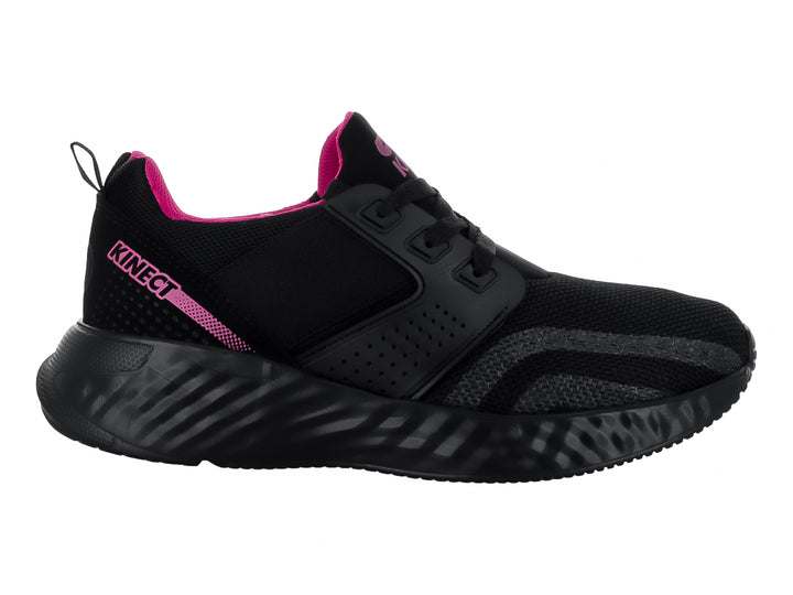 Tenis deportivos KINECT color negro con detalles en fucsia y suela gruesa.
