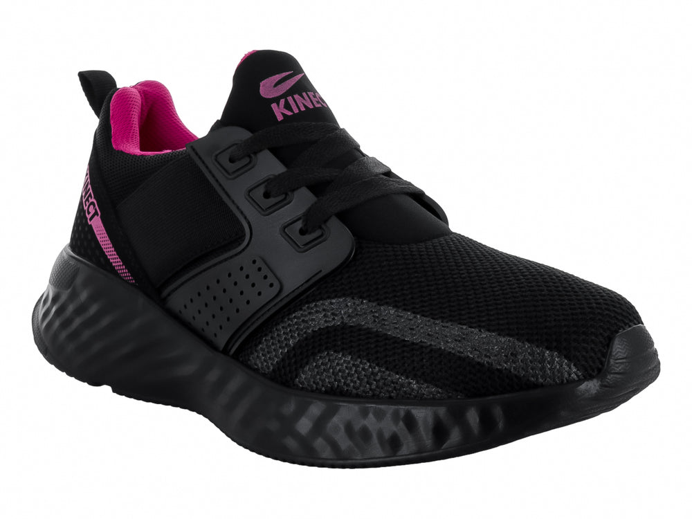 Tenis deportivos KINECT color negro con detalles en fucsia y suela gruesa.