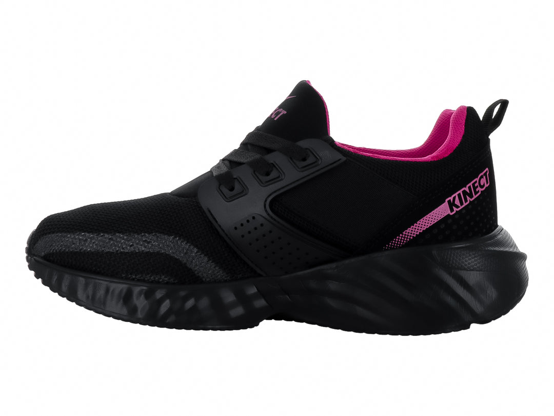 Tenis deportivos KINECT color negro con detalles en fucsia y suela gruesa.