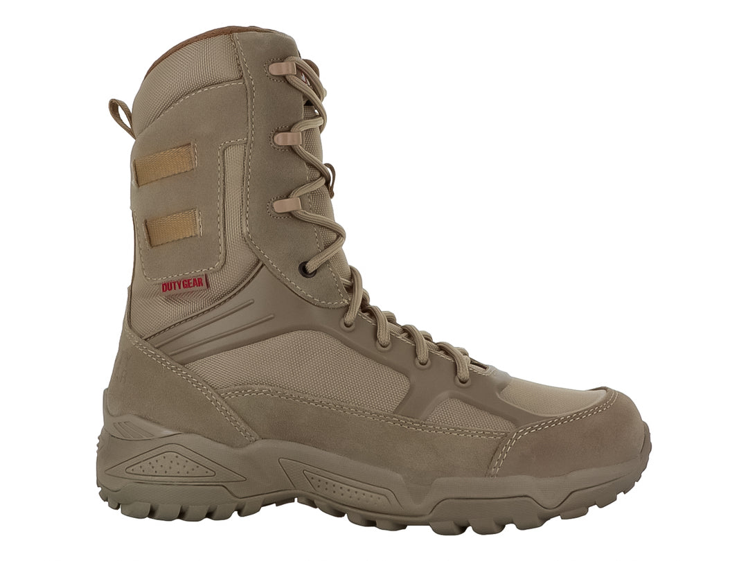 Bota táctica Duty Gear color ámbar de caña alta con cordones y suela robusta para terreno difícil.