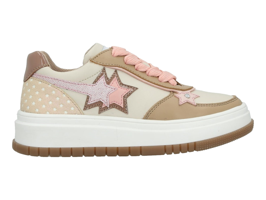 Tenis de plataforma para Niña en color beige y blanco con detalles de estrellas y agujetas rosas.