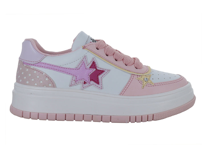 Tenis blancos y rosas con suela de plataforma y detalles de estrellas brillantes.