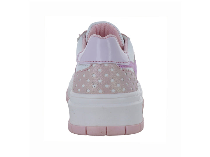 Tenis blancos y rosas con suela de plataforma y detalles de estrellas brillantes.