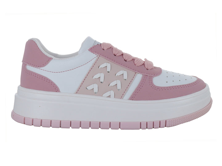Tenis deportivos de plataforma para niña en colores blanco y rosa con detalles calados laterales.