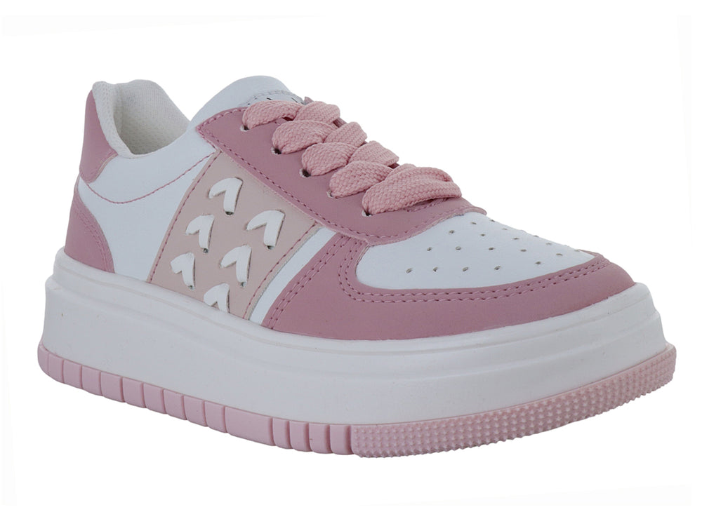 Tenis deportivos de plataforma para niña en colores blanco y rosa con detalles calados laterales.
