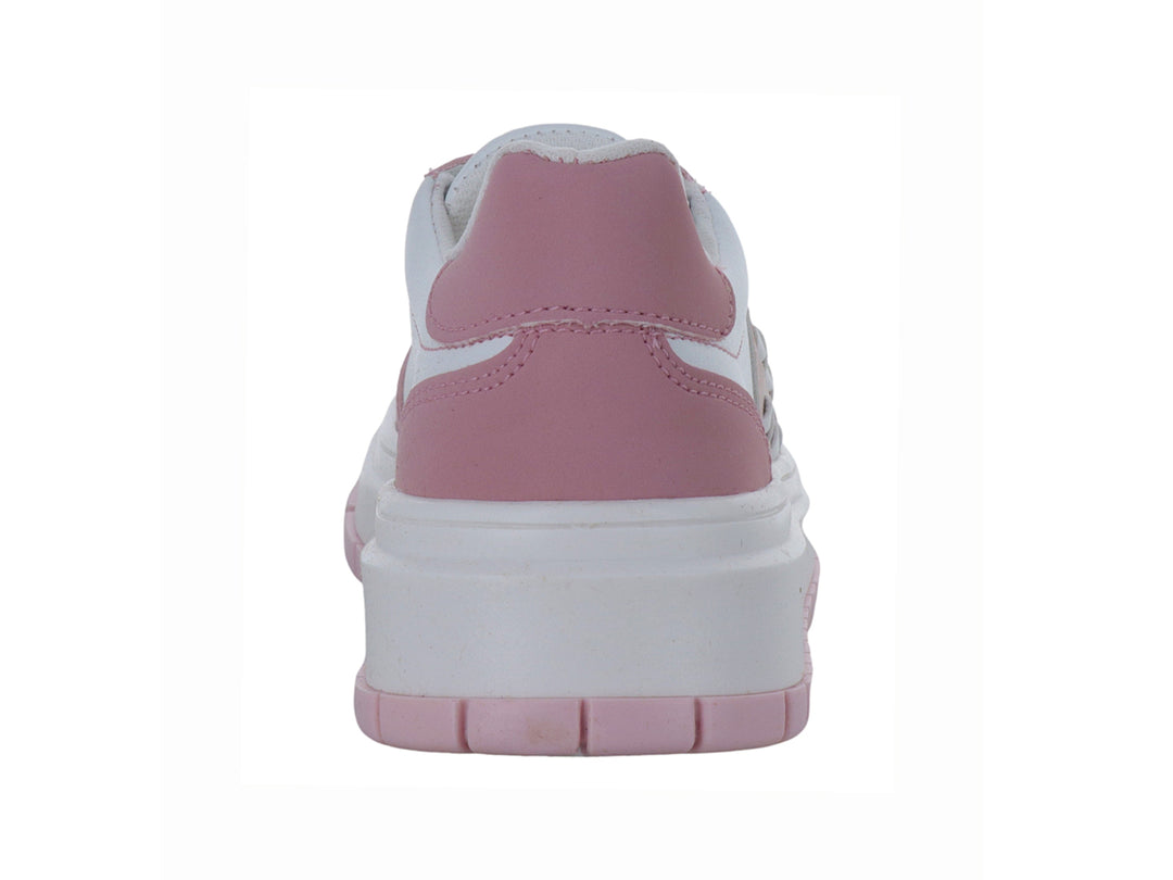 Tenis deportivos de plataforma para niña en colores blanco y rosa con detalles calados laterales.