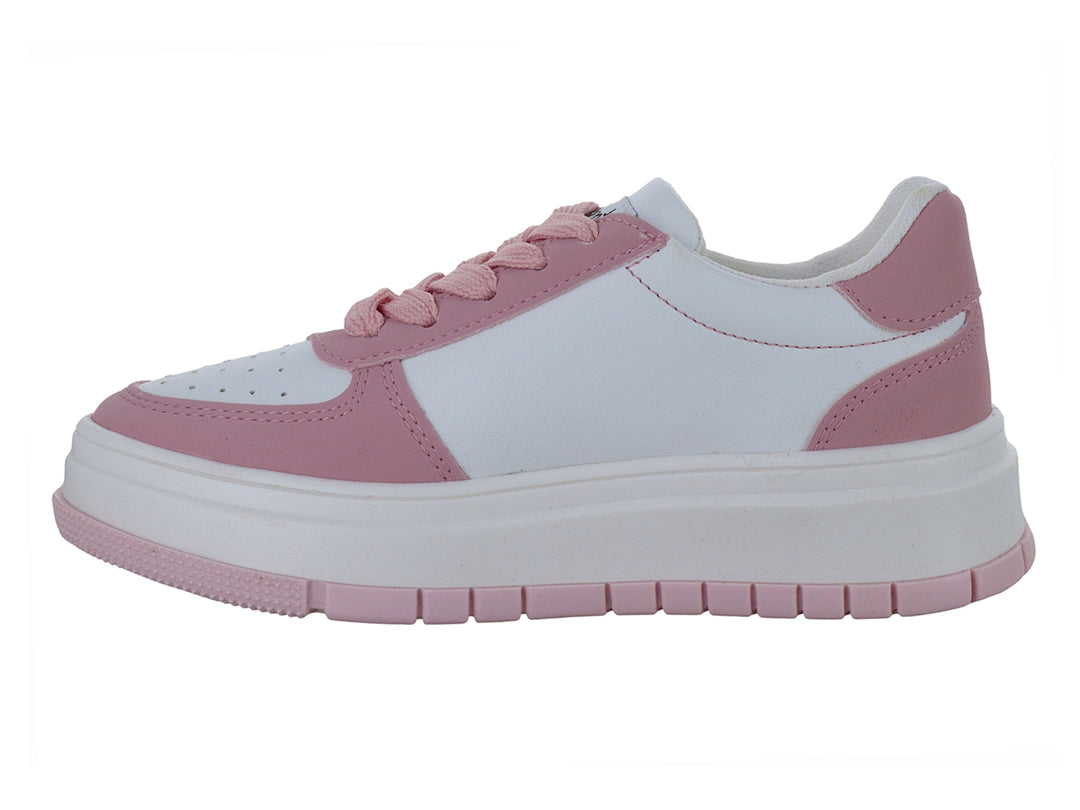 Tenis deportivos de plataforma para niña en colores blanco y rosa con detalles calados laterales.
