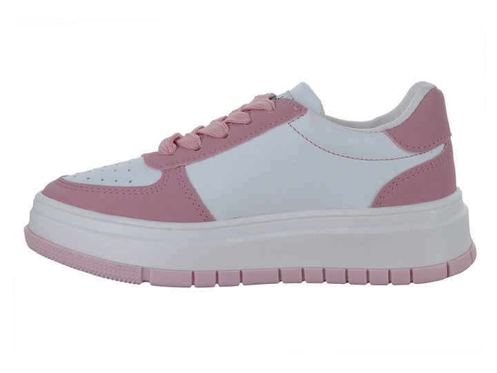 Tenis deportivos de plataforma para niña en colores blanco y rosa con detalles calados laterales.