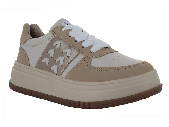 Tenis Elefante Bucky en color arena y blanco con suela de plataforma marrón.
