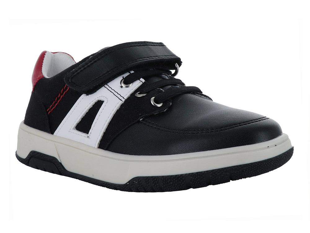 Zapato infantil marca Elefante en color negro con detalles blancos y rojos, cierre de velcro y agujetas.